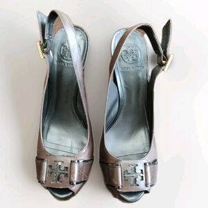 Tory Burch Womens 7M Peep Toe Slingback High Heels Tennyson Brown Leather Pump